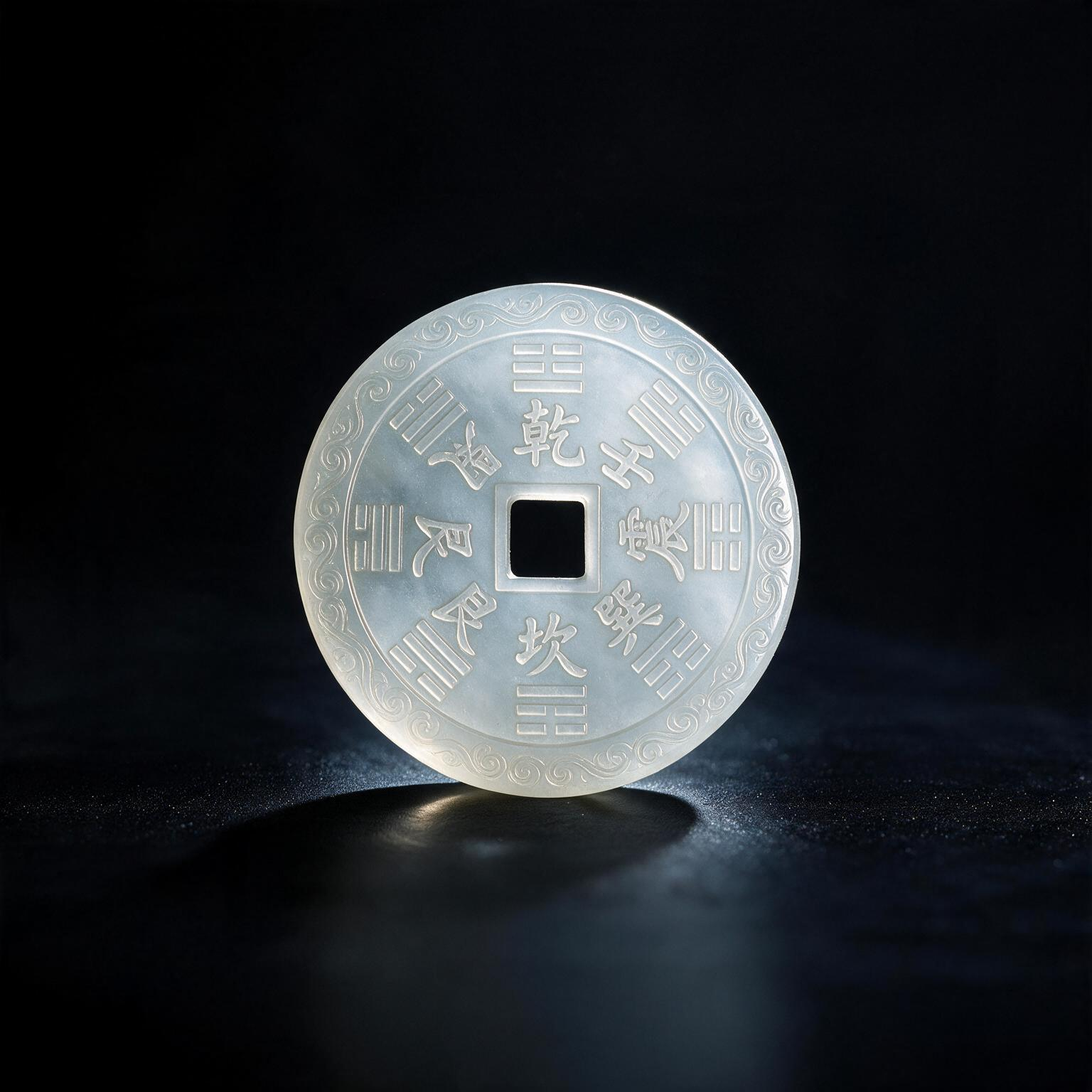 Back of Water Jade Shan Gui Coin Charm with Taoist symbolic pattern