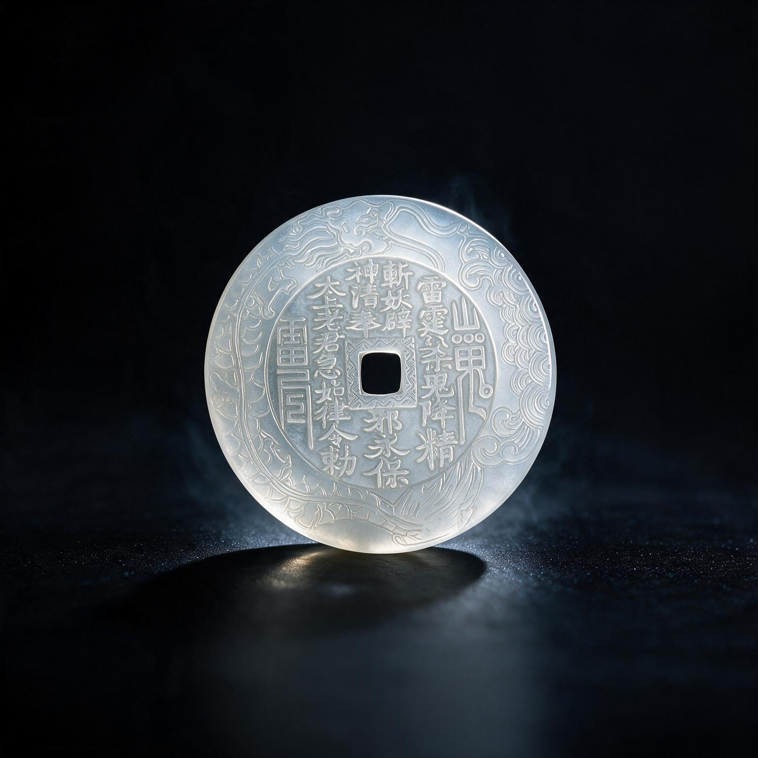 Generated jade-style coin concept with a square opening and raised inscriptions