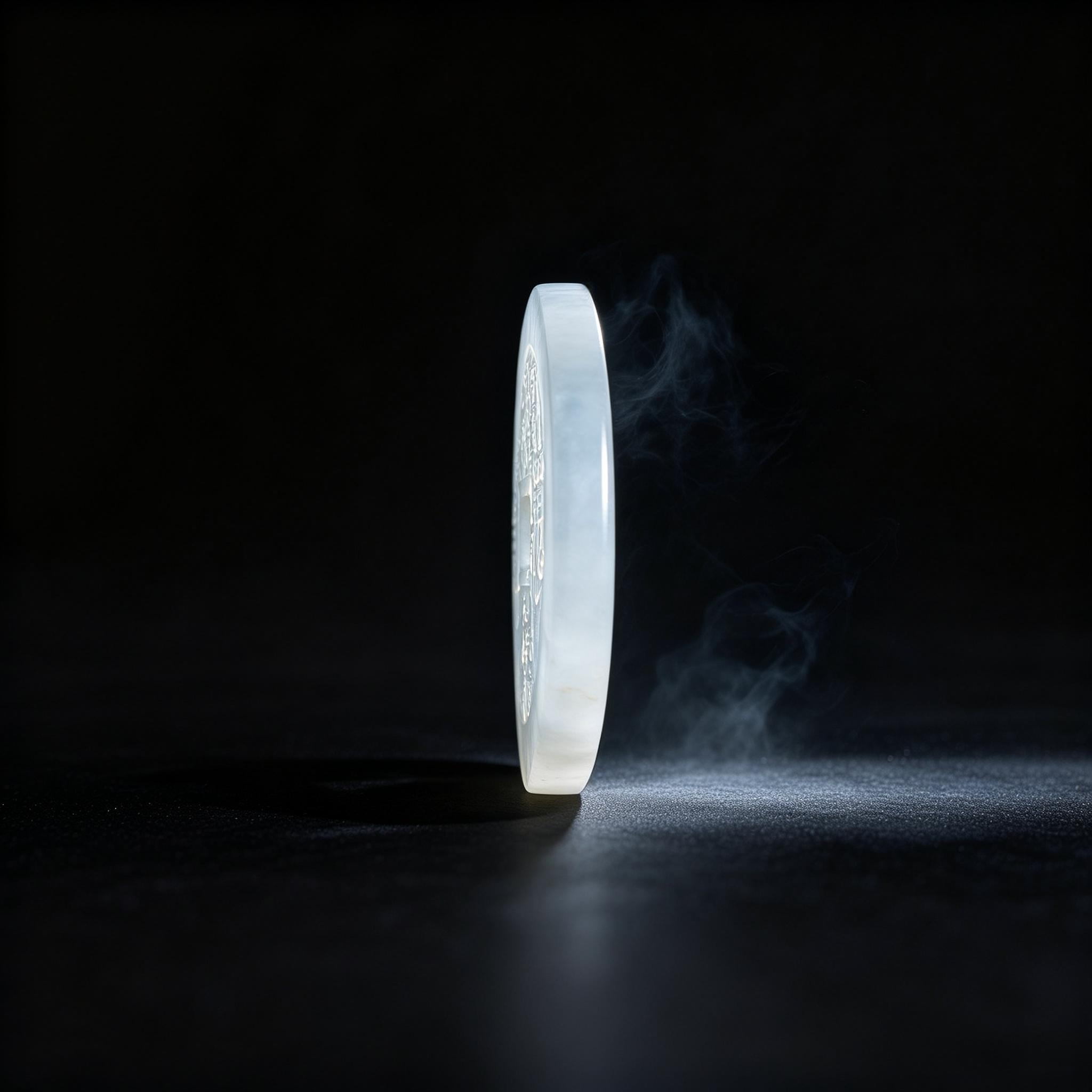 Left side profile of Water Jade Shan Gui Coin Charm showing jade-style thickness