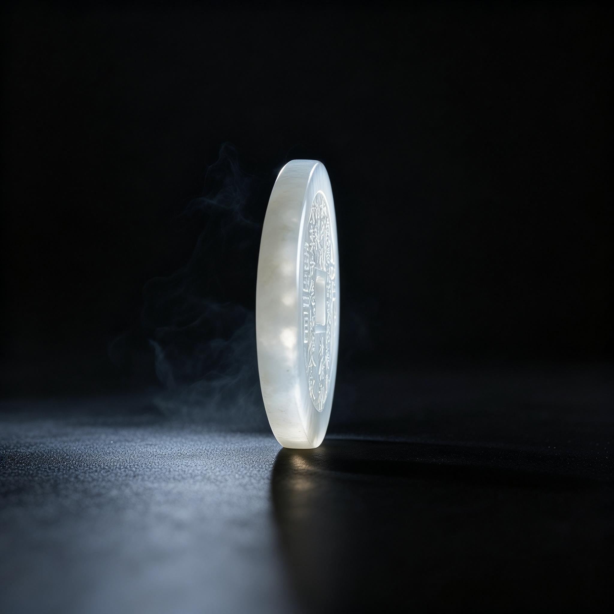 Right side profile of Water Jade Shan Gui Coin Charm showing coin charm form